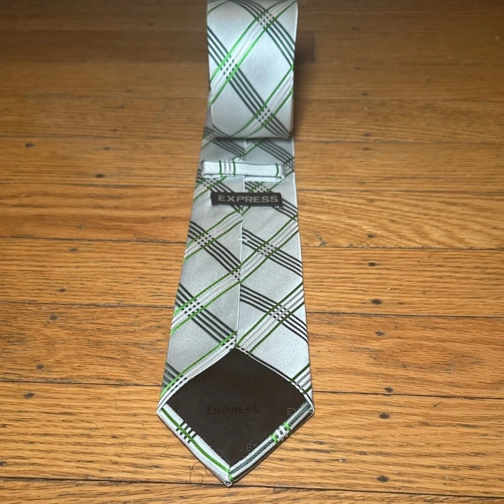 Express Silver and Green Checkered Silk Tie